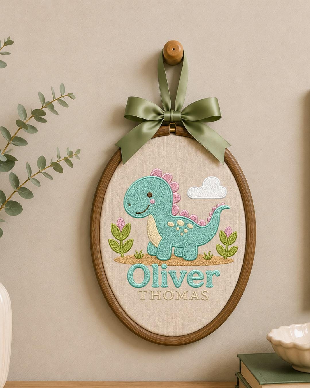 Personalized Dinosaur Embroidered Ornament, Custom Baby Name Hoop, Cute Dino Nursery Decor, Baby Boy Gift, Newborn Keepsake