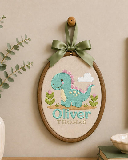 Personalized Dinosaur Embroidered Ornament, Custom Baby Name Hoop, Cute Dino Nursery Decor, Baby Boy Gift, Newborn Keepsake