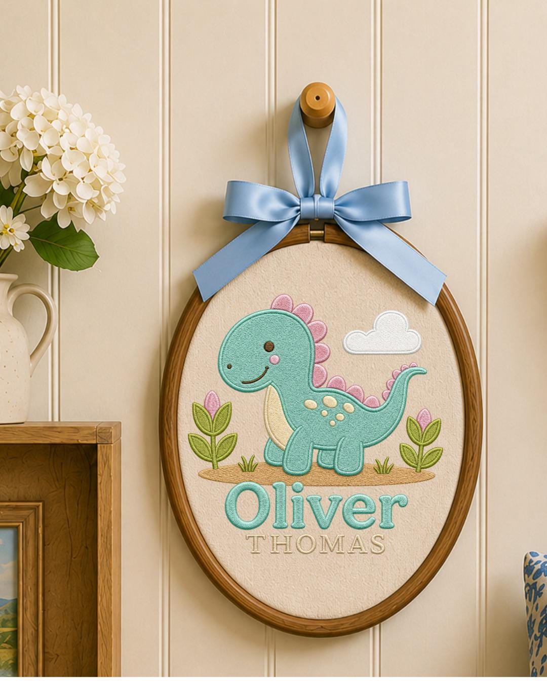 Personalized Dinosaur Embroidered Ornament, Custom Baby Name Hoop, Cute Dino Nursery Decor, Baby Boy Gift, Newborn Keepsake