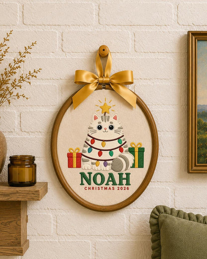 Personalized Christmas Cat Embroidered Ornament, Custom Pet Name Hoop, Christmas 2026 Keepsake, Cat Lover Gift, Holiday Home Decor