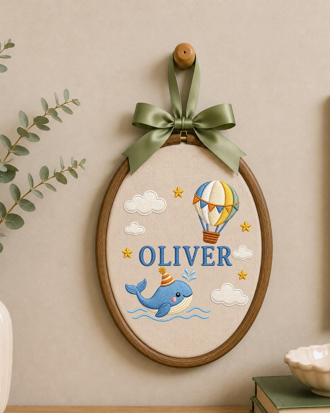 Personalized Whale Embroidered Ornament, Custom Baby Name Hoop, Hot Air Balloon Nursery Decor, Ocean Baby Gift, Newborn Keepsake
