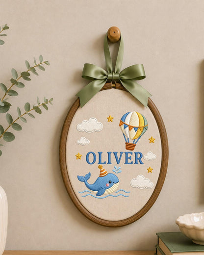 Personalized Whale Embroidered Ornament, Custom Baby Name Hoop, Hot Air Balloon Nursery Decor, Ocean Baby Gift, Newborn Keepsake