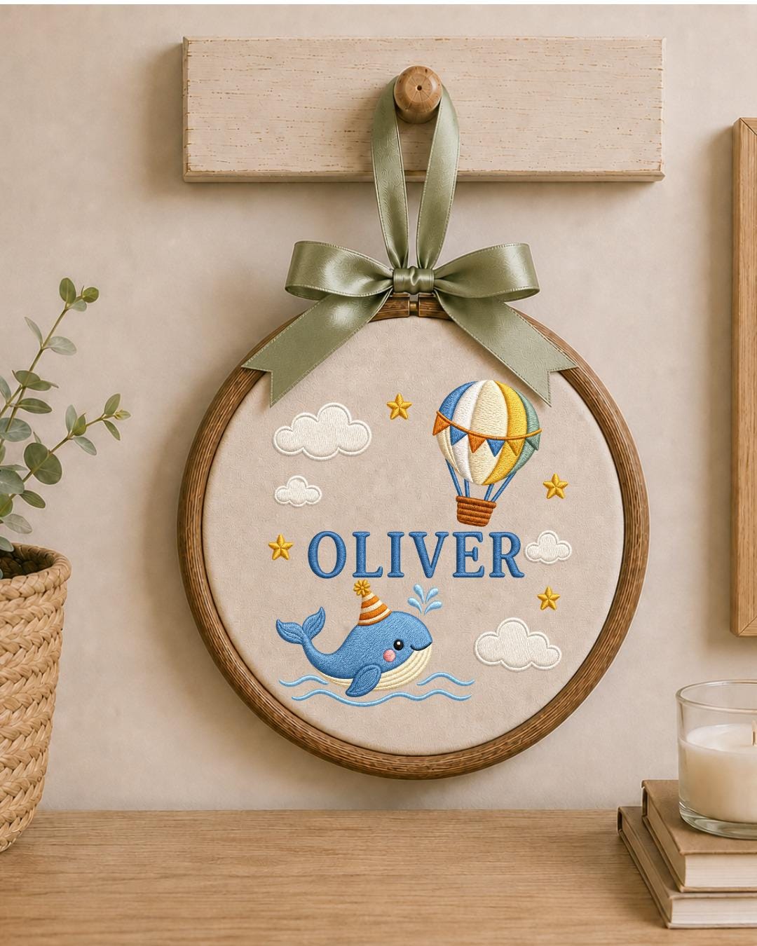 Personalized Whale Embroidered Ornament, Custom Baby Name Hoop, Hot Air Balloon Nursery Decor, Ocean Baby Gift, Newborn Keepsake
