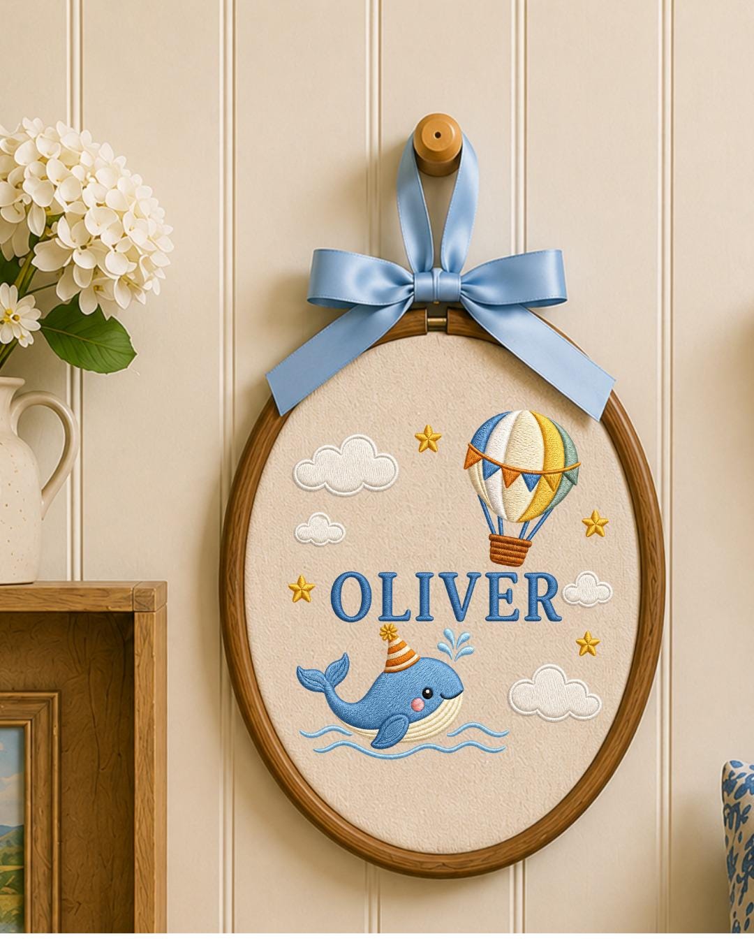 Personalized Whale Embroidered Ornament, Custom Baby Name Hoop, Hot Air Balloon Nursery Decor, Ocean Baby Gift, Newborn Keepsake