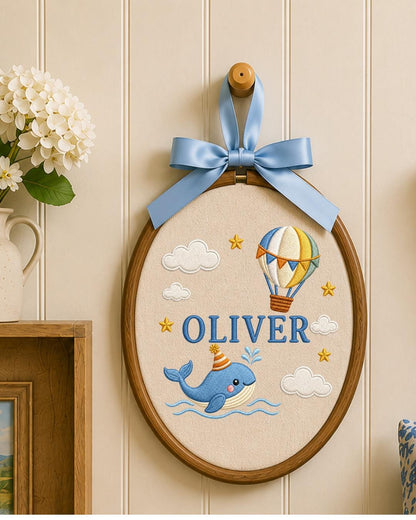 Personalized Whale Embroidered Ornament, Custom Baby Name Hoop, Hot Air Balloon Nursery Decor, Ocean Baby Gift, Newborn Keepsake