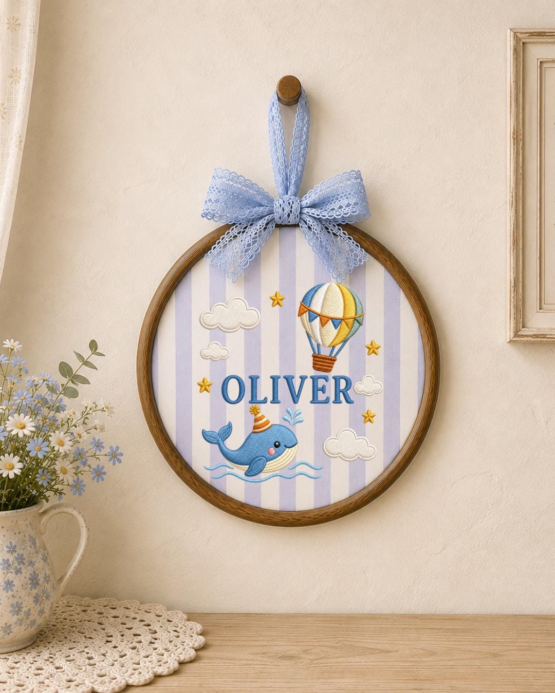 Personalized Whale Embroidered Ornament, Custom Baby Name Hoop, Hot Air Balloon Nursery Decor, Ocean Baby Gift, Newborn Keepsake