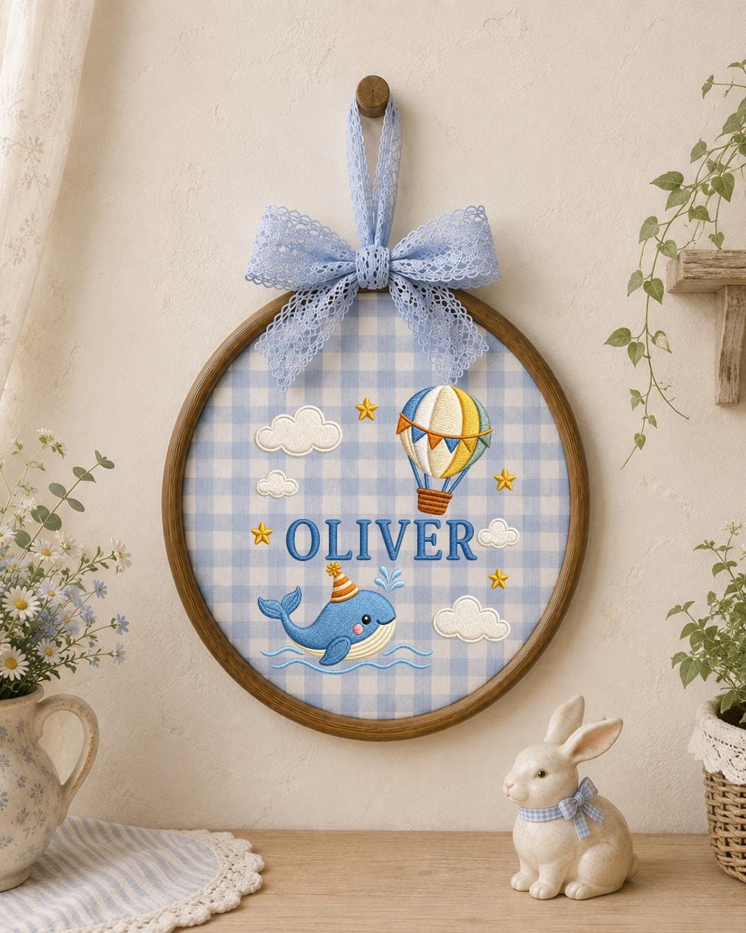 Personalized Whale Embroidered Ornament, Custom Baby Name Hoop, Hot Air Balloon Nursery Decor, Ocean Baby Gift, Newborn Keepsake