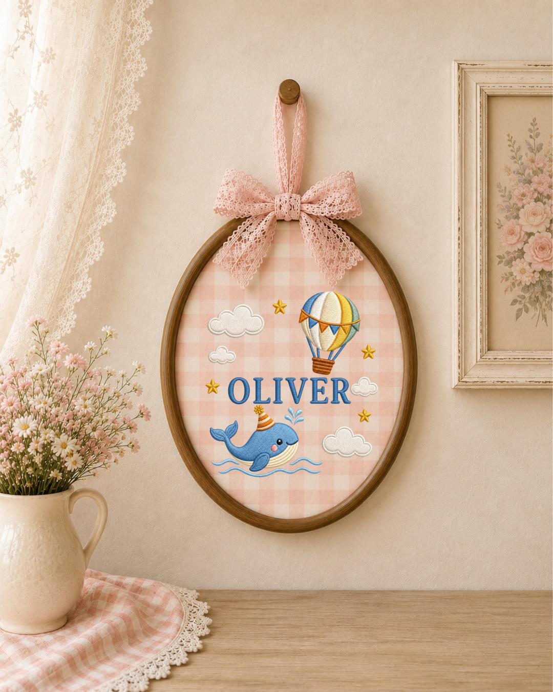 Personalized Whale Embroidered Ornament, Custom Baby Name Hoop, Hot Air Balloon Nursery Decor, Ocean Baby Gift, Newborn Keepsake