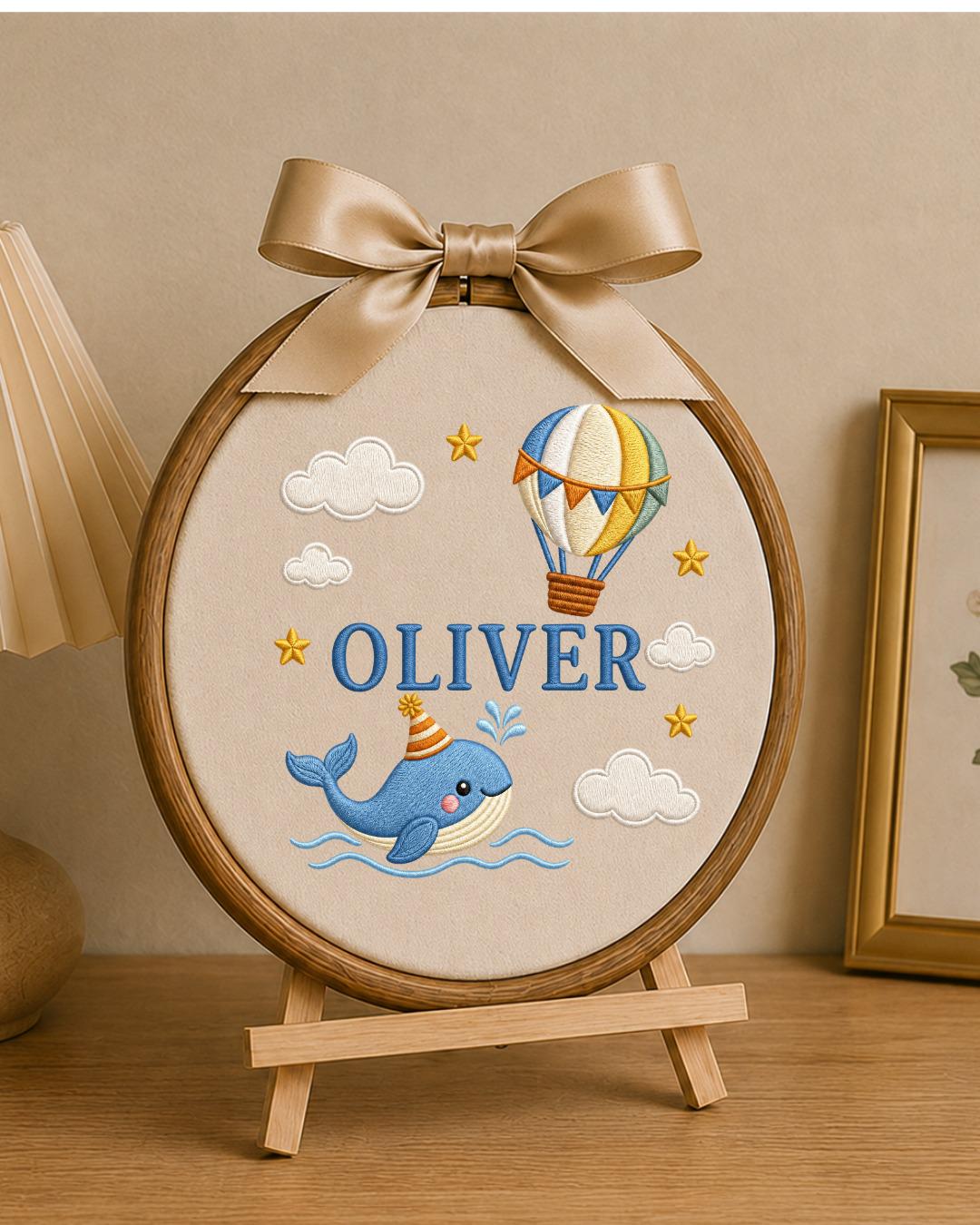 Personalized Whale Embroidered Ornament, Custom Baby Name Hoop, Hot Air Balloon Nursery Decor, Ocean Baby Gift, Newborn Keepsake