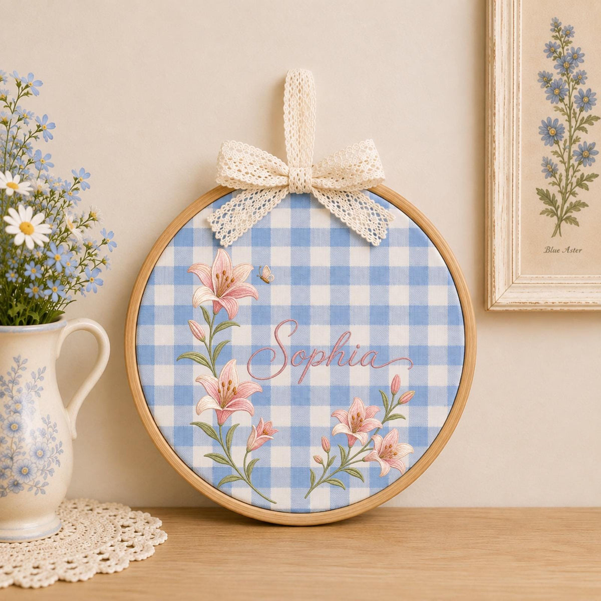 Personalized Embroidered Ornament, Custom Name Lily Flower Ornament, Floral Nursery Decor, Personalized Baby Girl Gift, Birth Keepsake