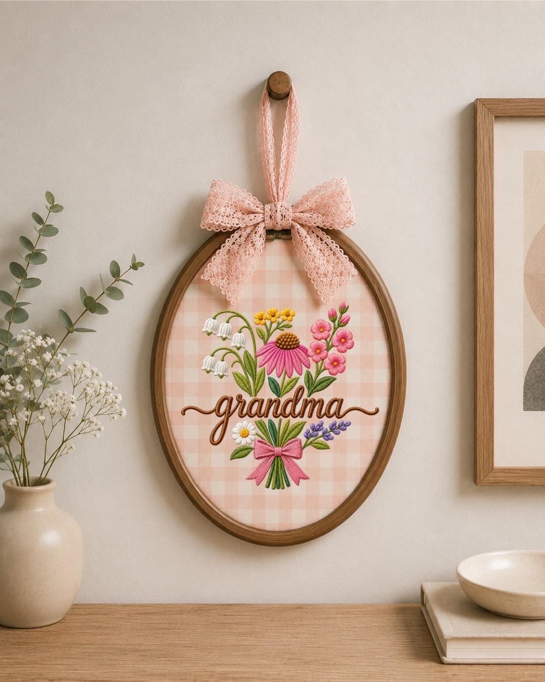 Personalized Grandma Ornament, Floral Embroidered Christmas Ornament, Custom Grandmother Gift, Handmade Embroidery Hoop, Mother's Day Gift