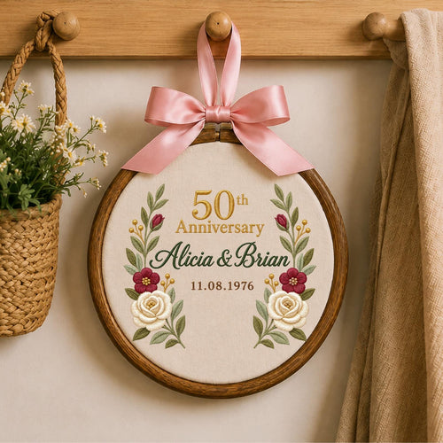 Personalized Embroidered Ornament, 50th Wedding Anniversary Gift, Custom Couple Names Ornament, Golden Anniversary Keepsake, Floral Decor