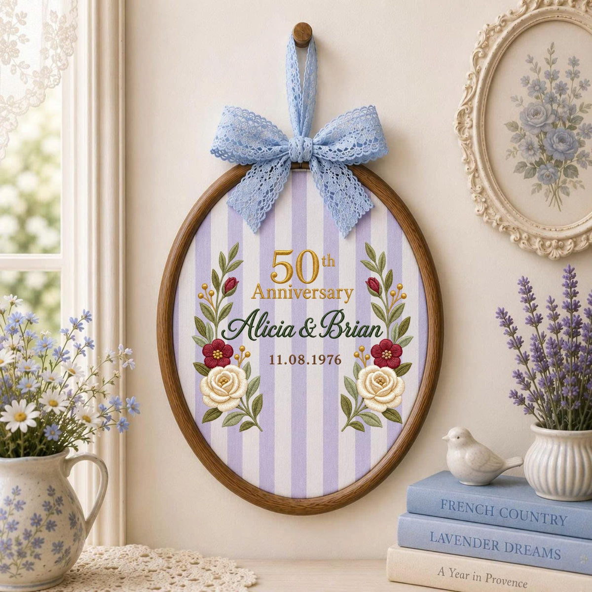 Personalized Embroidered Ornament, 50th Wedding Anniversary Gift, Custom Couple Names Ornament, Golden Anniversary Keepsake, Floral Decor