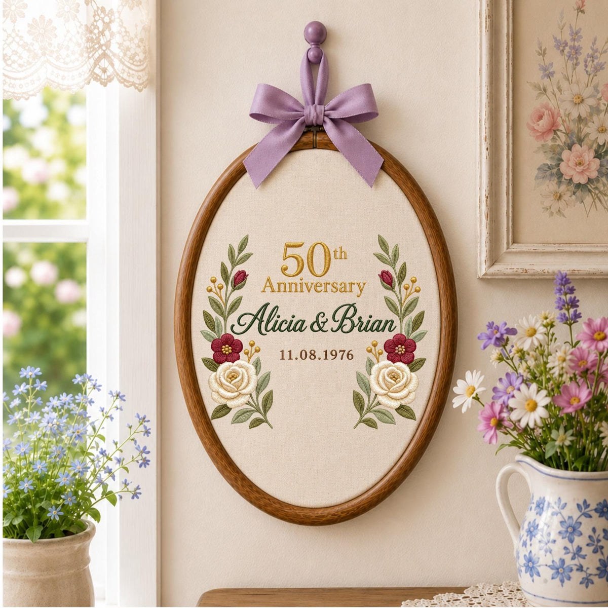 Personalized Embroidered Ornament, 50th Wedding Anniversary Gift, Custom Couple Names Ornament, Golden Anniversary Keepsake, Floral Decor