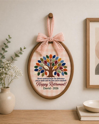 Personalized Retirement Embroidered Ornament, Custom Tree of Life Retirement Gift, Happy Retirement Keepsake, Coworker Farewell Gift
