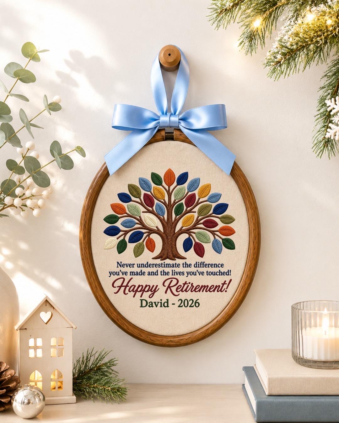Personalized Retirement Embroidered Ornament, Custom Tree of Life Retirement Gift, Happy Retirement Keepsake, Coworker Farewell Gift