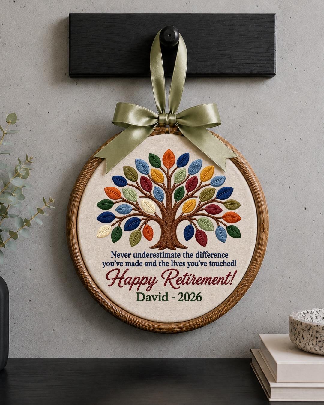Personalized Retirement Embroidered Ornament, Custom Tree of Life Retirement Gift, Happy Retirement Keepsake, Coworker Farewell Gift