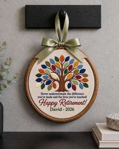 Personalized Retirement Embroidered Ornament, Custom Tree of Life Retirement Gift, Happy Retirement Keepsake, Coworker Farewell Gift