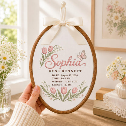 Personalized Embroidered Ornament, Custom Baby Birth Stats Ornament, Newborn Girl Keepsake, Floral Nursery Decor, Baby Shower Gift