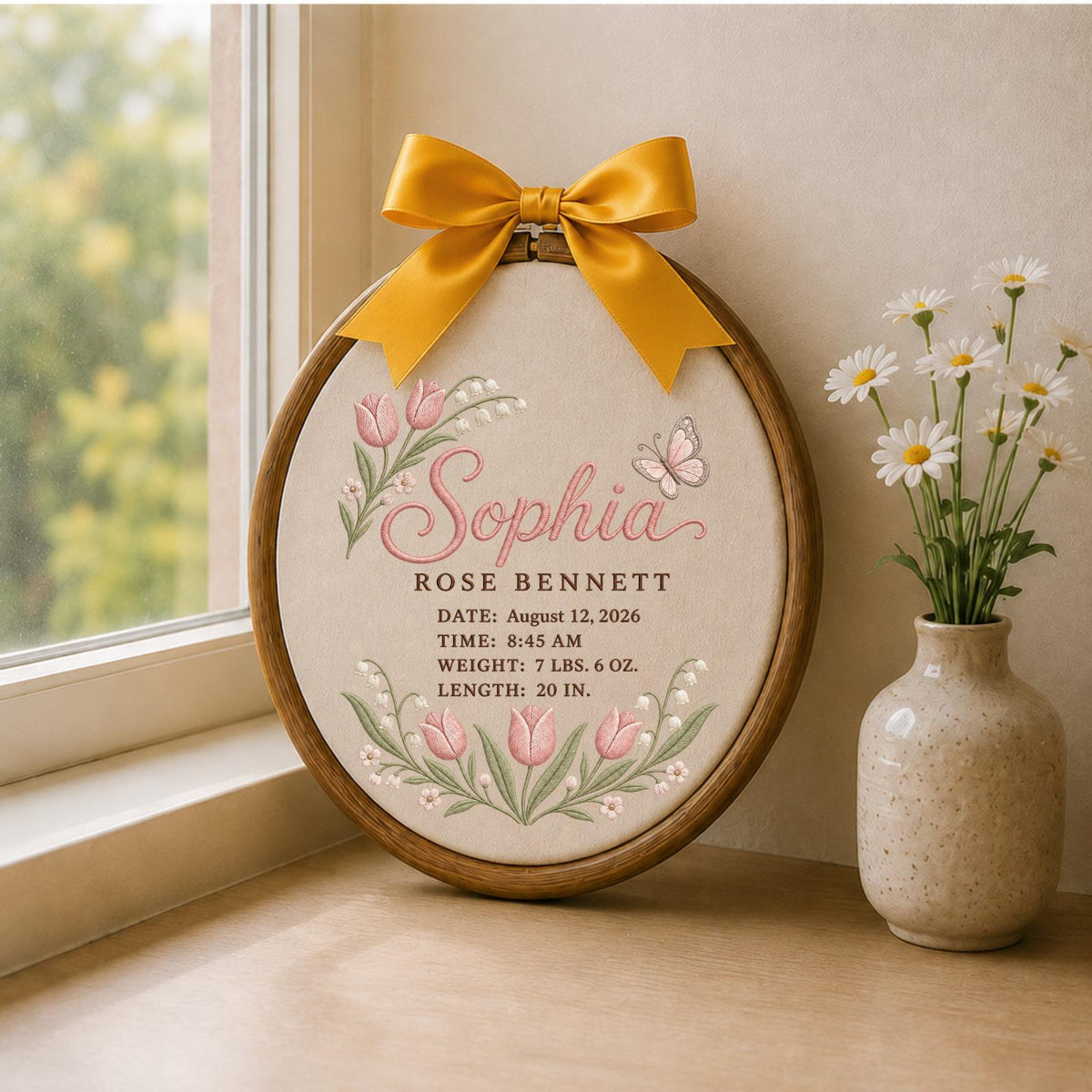 Personalized Embroidered Ornament, Custom Baby Birth Stats Ornament, Newborn Girl Keepsake, Floral Nursery Decor, Baby Shower Gift