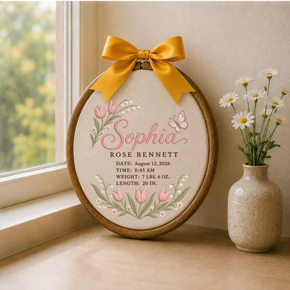 Personalized Embroidered Ornament, Custom Baby Birth Stats Ornament, Newborn Girl Keepsake, Floral Nursery Decor, Baby Shower Gift