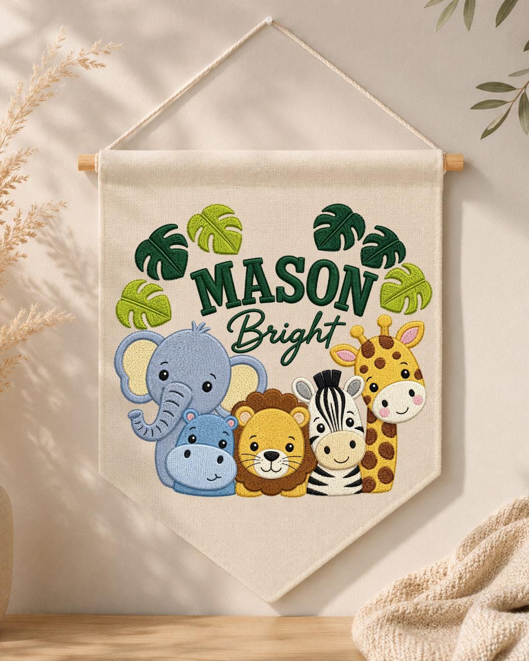 Personalized Safari Animal Wall Hanging, Custom Name Embroidered Banner, Jungle Nursery Decor, Baby Boy Room Gift, Zoo Animal Nursery Art