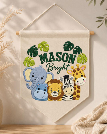 Personalized Safari Animal Wall Hanging, Custom Name Embroidered Banner, Jungle Nursery Decor, Baby Boy Room Gift, Zoo Animal Nursery Art