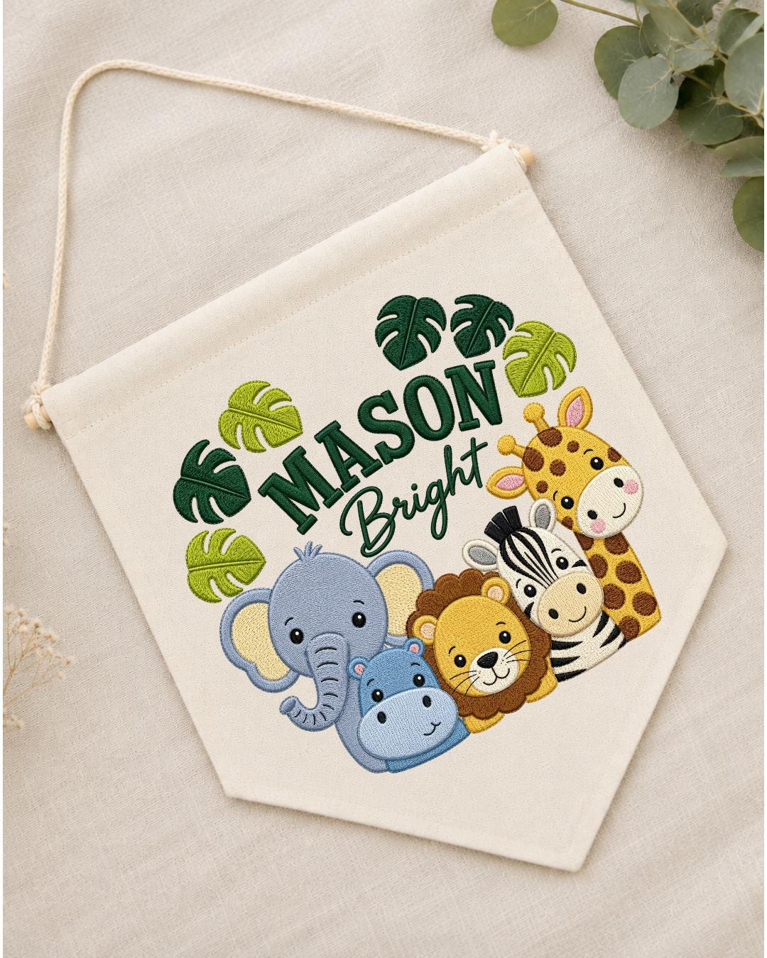 Personalized Safari Animal Wall Hanging, Custom Name Embroidered Banner, Jungle Nursery Decor, Baby Boy Room Gift, Zoo Animal Nursery Art