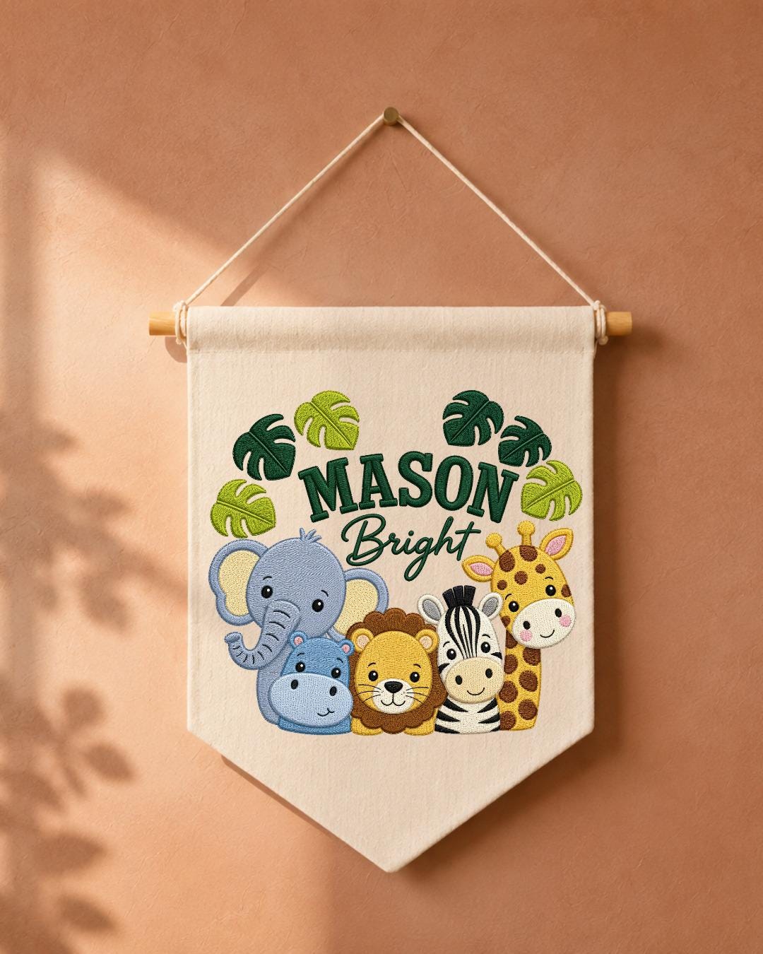 Personalized Safari Animal Wall Hanging, Custom Name Embroidered Banner, Jungle Nursery Decor, Baby Boy Room Gift, Zoo Animal Nursery Art