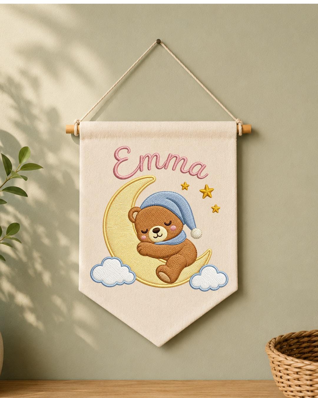 Personalized Bear Nursery Wall Hanging, Custom Name Embroidered Banner, Sleeping Bear Moon Nursery Decor, Baby Girl Room Gift