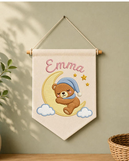 Personalized Bear Nursery Wall Hanging, Custom Name Embroidered Banner, Sleeping Bear Moon Nursery Decor, Baby Girl Room Gift