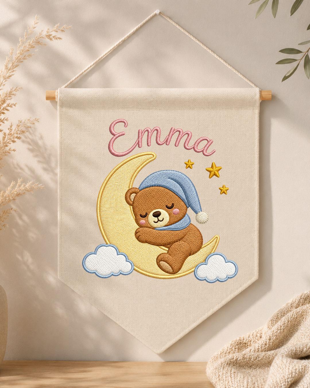 Personalized Bear Nursery Wall Hanging, Custom Name Embroidered Banner, Sleeping Bear Moon Nursery Decor, Baby Girl Room Gift