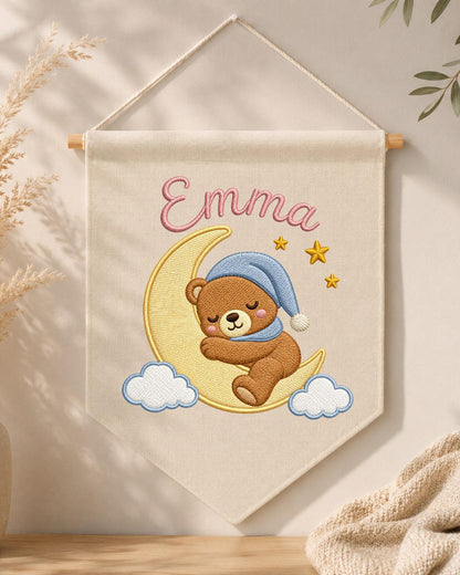 Personalized Bear Nursery Wall Hanging, Custom Name Embroidered Banner, Sleeping Bear Moon Nursery Decor, Baby Girl Room Gift