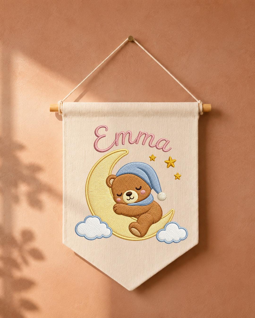 Personalized Bear Nursery Wall Hanging, Custom Name Embroidered Banner, Sleeping Bear Moon Nursery Decor, Baby Girl Room Gift