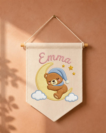 Personalized Bear Nursery Wall Hanging, Custom Name Embroidered Banner, Sleeping Bear Moon Nursery Decor, Baby Girl Room Gift