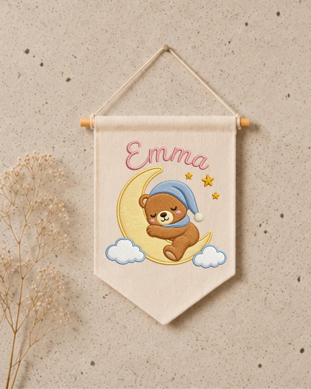 Personalized Bear Nursery Wall Hanging, Custom Name Embroidered Banner, Sleeping Bear Moon Nursery Decor, Baby Girl Room Gift