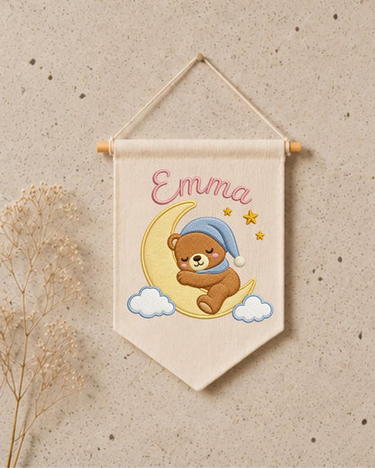 Personalized Bear Nursery Wall Hanging, Custom Name Embroidered Banner, Sleeping Bear Moon Nursery Decor, Baby Girl Room Gift