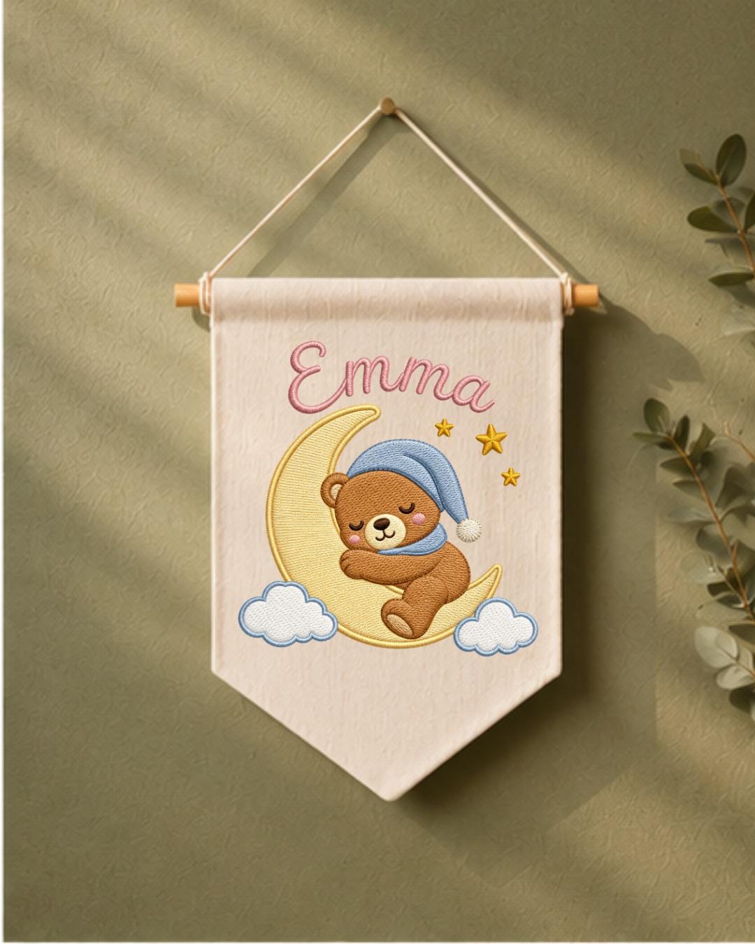 Personalized Bear Nursery Wall Hanging, Custom Name Embroidered Banner, Sleeping Bear Moon Nursery Decor, Baby Girl Room Gift