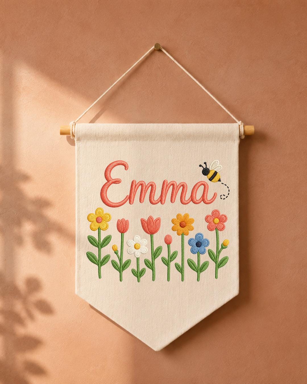 Personalized Floral Nursery Wall Hanging, Custom Name Embroidered Banner, Flower and Bee Baby Girl Room Decor, Spring Nursery Gift