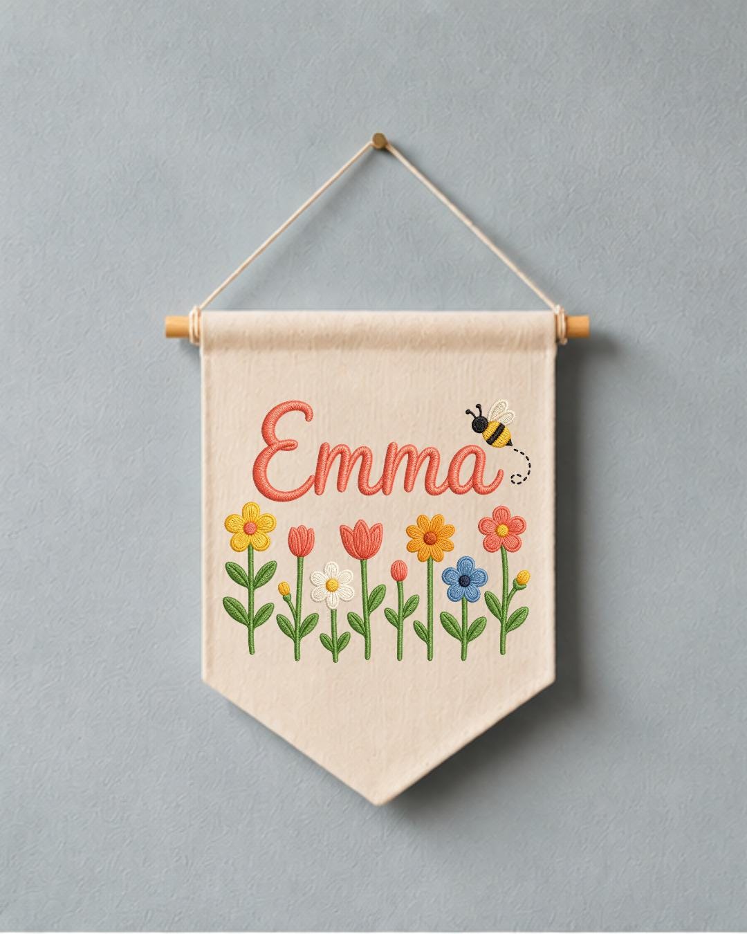Personalized Floral Nursery Wall Hanging, Custom Name Embroidered Banner, Flower and Bee Baby Girl Room Decor, Spring Nursery Gift
