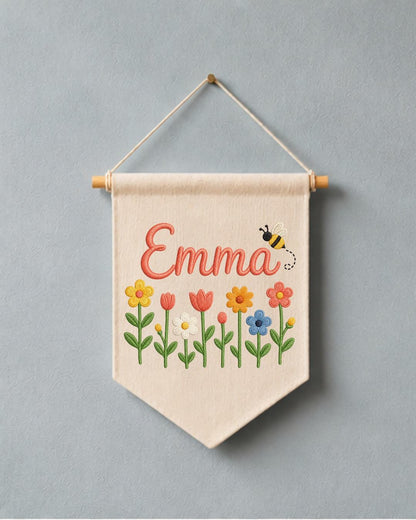 Personalized Floral Nursery Wall Hanging, Custom Name Embroidered Banner, Flower and Bee Baby Girl Room Decor, Spring Nursery Gift