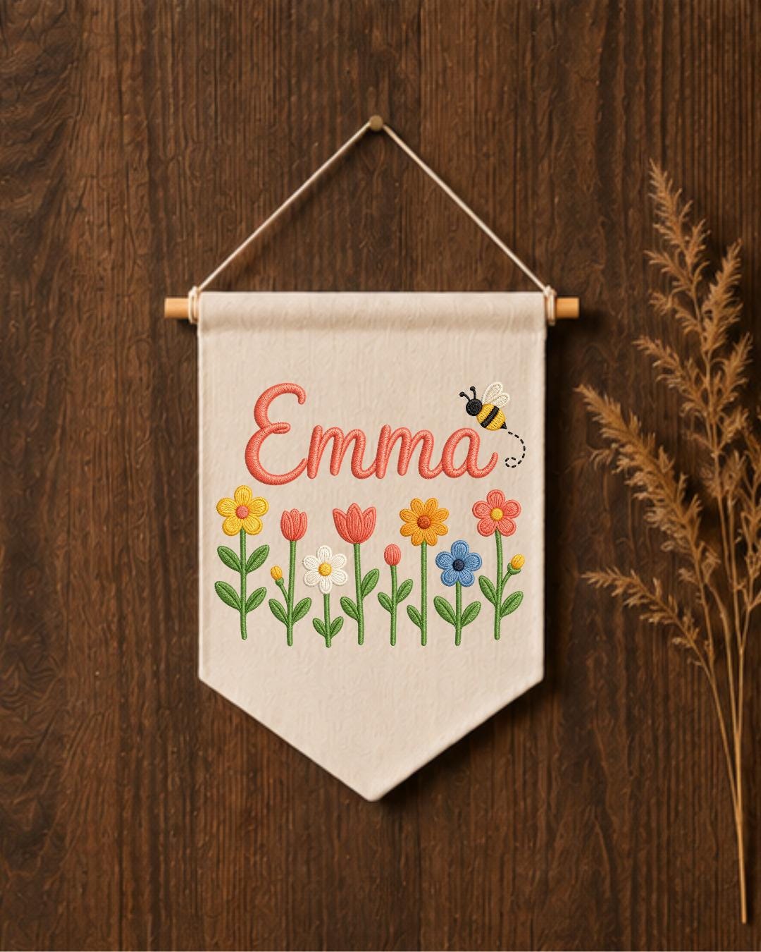 Personalized Floral Nursery Wall Hanging, Custom Name Embroidered Banner, Flower and Bee Baby Girl Room Decor, Spring Nursery Gift