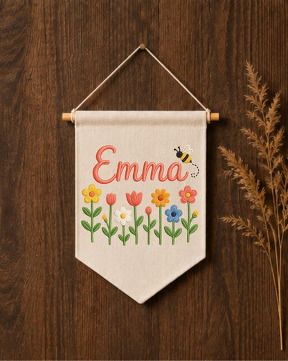 Personalized Floral Nursery Wall Hanging, Custom Name Embroidered Banner, Flower and Bee Baby Girl Room Decor, Spring Nursery Gift