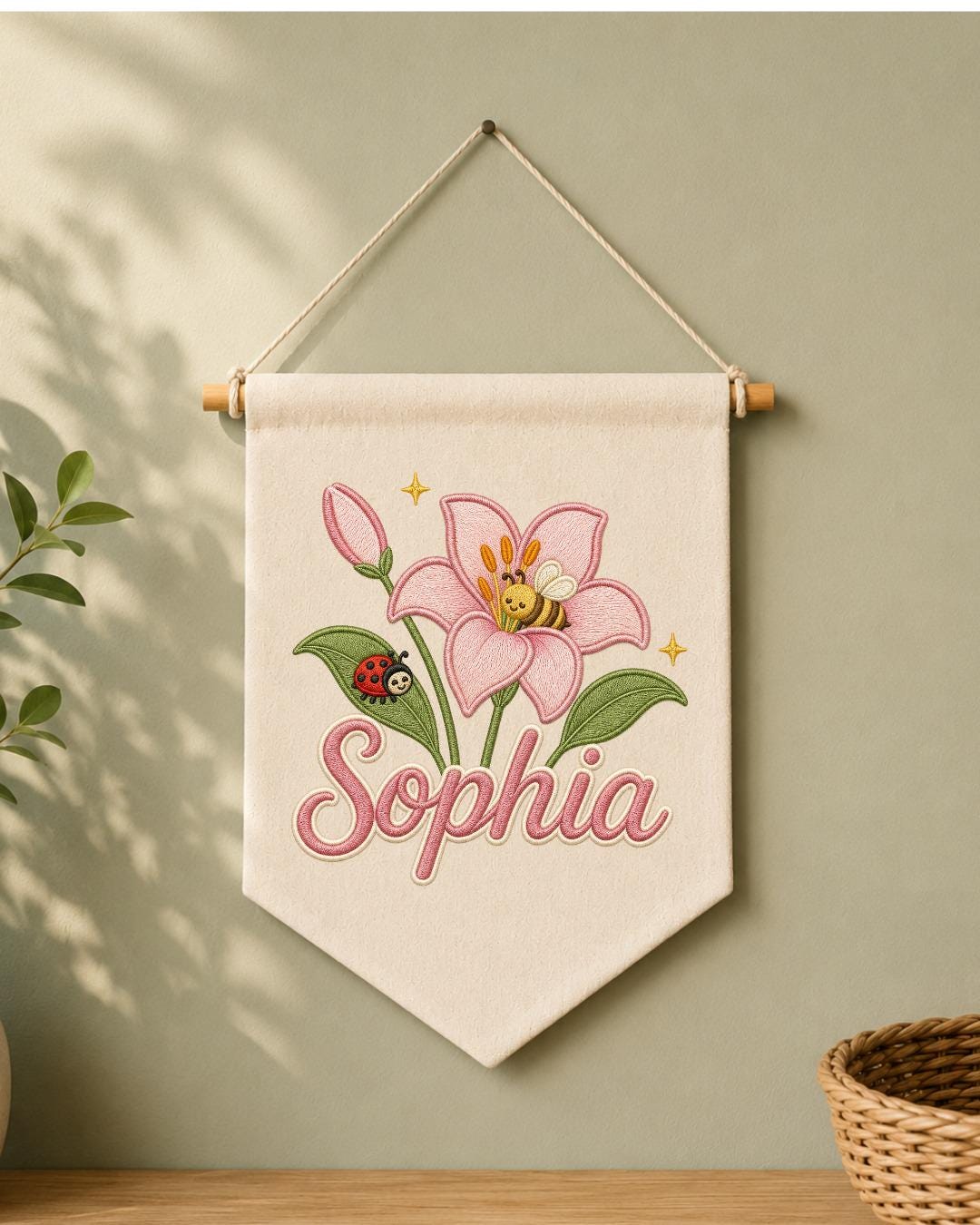 Personalized Floral Nursery Wall Hanging, Custom Name Embroidered Banner, Pink Lily Bee Baby Girl Room Decor, Garden Nursery Gift