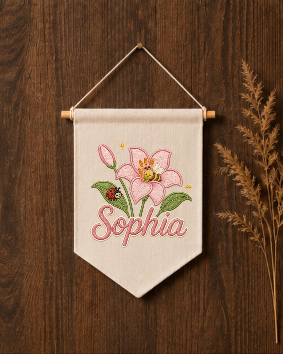 Personalized Floral Nursery Wall Hanging, Custom Name Embroidered Banner, Pink Lily Bee Baby Girl Room Decor, Garden Nursery Gift