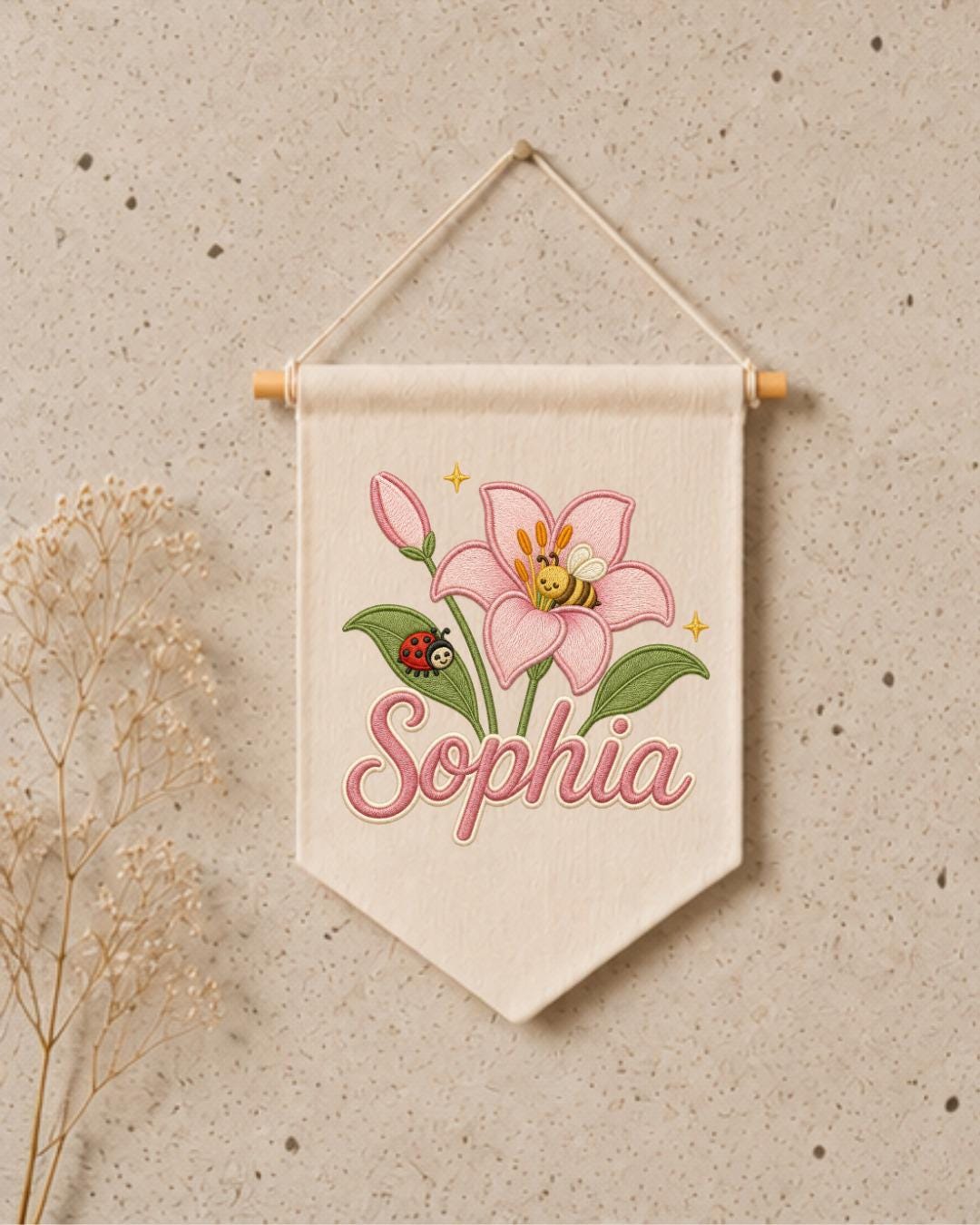 Personalized Floral Nursery Wall Hanging, Custom Name Embroidered Banner, Pink Lily Bee Baby Girl Room Decor, Garden Nursery Gift