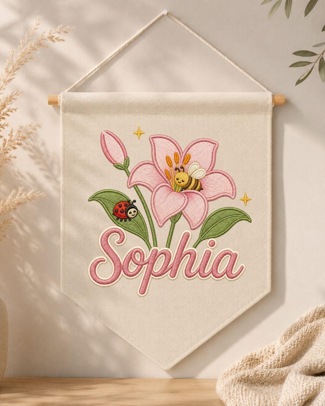 Personalized Floral Nursery Wall Hanging, Custom Name Embroidered Banner, Pink Lily Bee Baby Girl Room Decor, Garden Nursery Gift