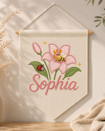 Personalized Floral Nursery Wall Hanging, Custom Name Embroidered Banner, Pink Lily Bee Baby Girl Room Decor, Garden Nursery Gift