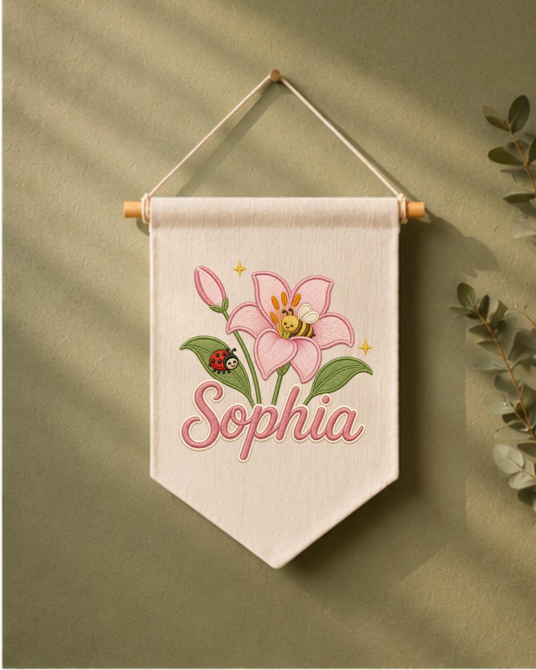Personalized Floral Nursery Wall Hanging, Custom Name Embroidered Banner, Pink Lily Bee Baby Girl Room Decor, Garden Nursery Gift