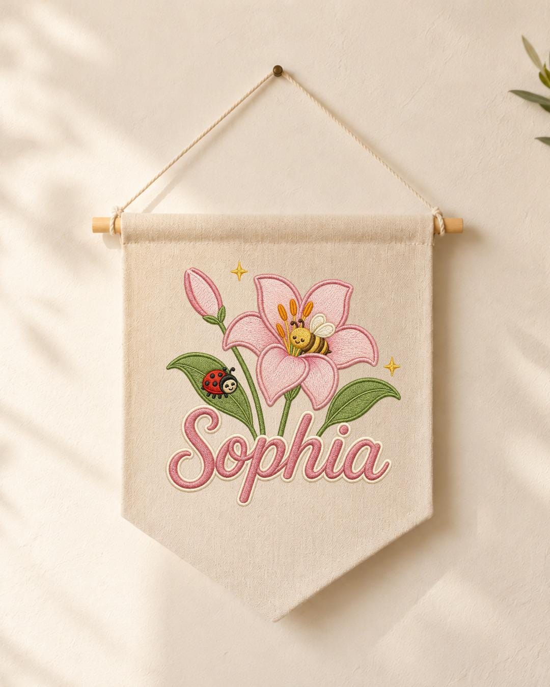 Personalized Floral Nursery Wall Hanging, Custom Name Embroidered Banner, Pink Lily Bee Baby Girl Room Decor, Garden Nursery Gift